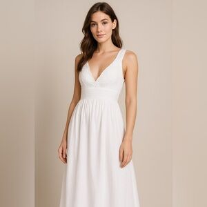 H&M White Cotton Maxi Dress with Lace Bodice & Pleated Waist